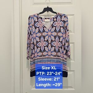 Pappagallo 3/4 Sleeve V-neck Multicolor Patterned Top, GUC, Size XL